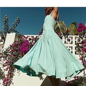 Free people Sammy yarn dye cotton flare midi dress in Aqua gingham